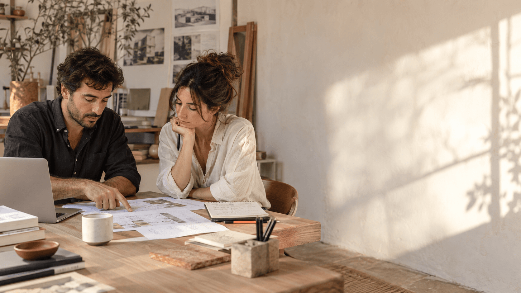 Dos personas revisan juntas los procesos de un negocio sobre una mesa de trabajo.