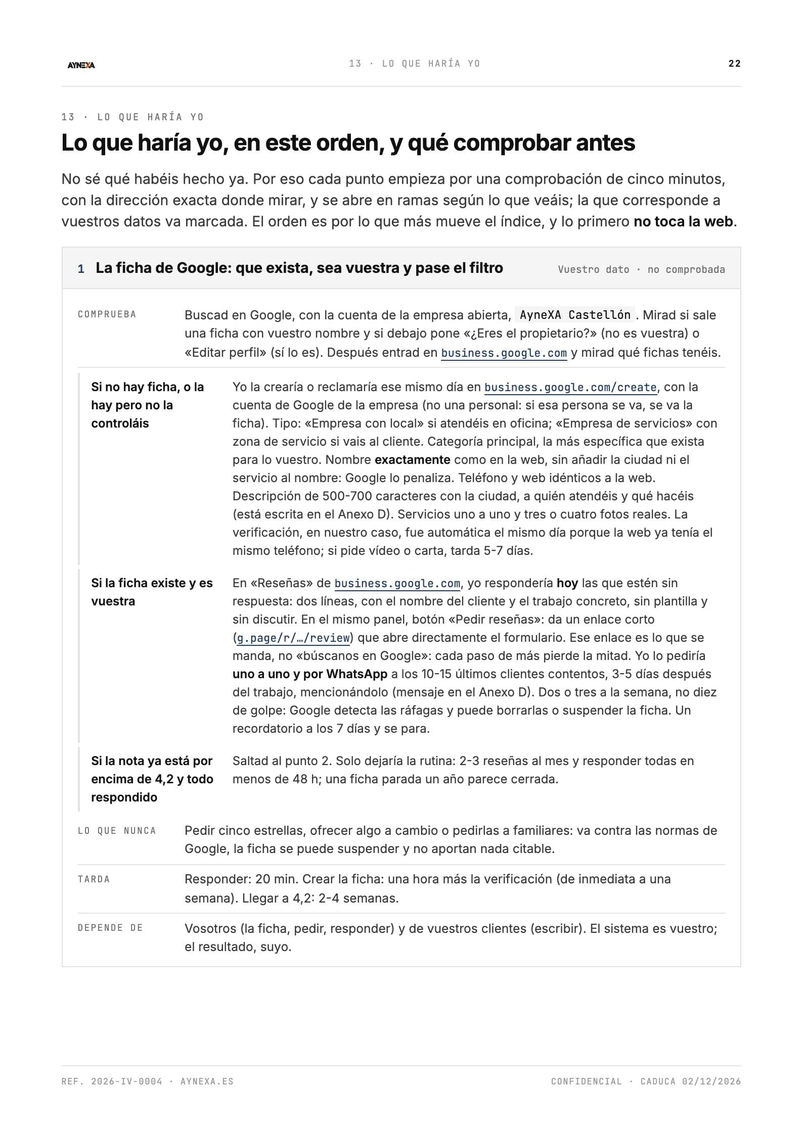 Página del informe: Lo que haría yo, en orden