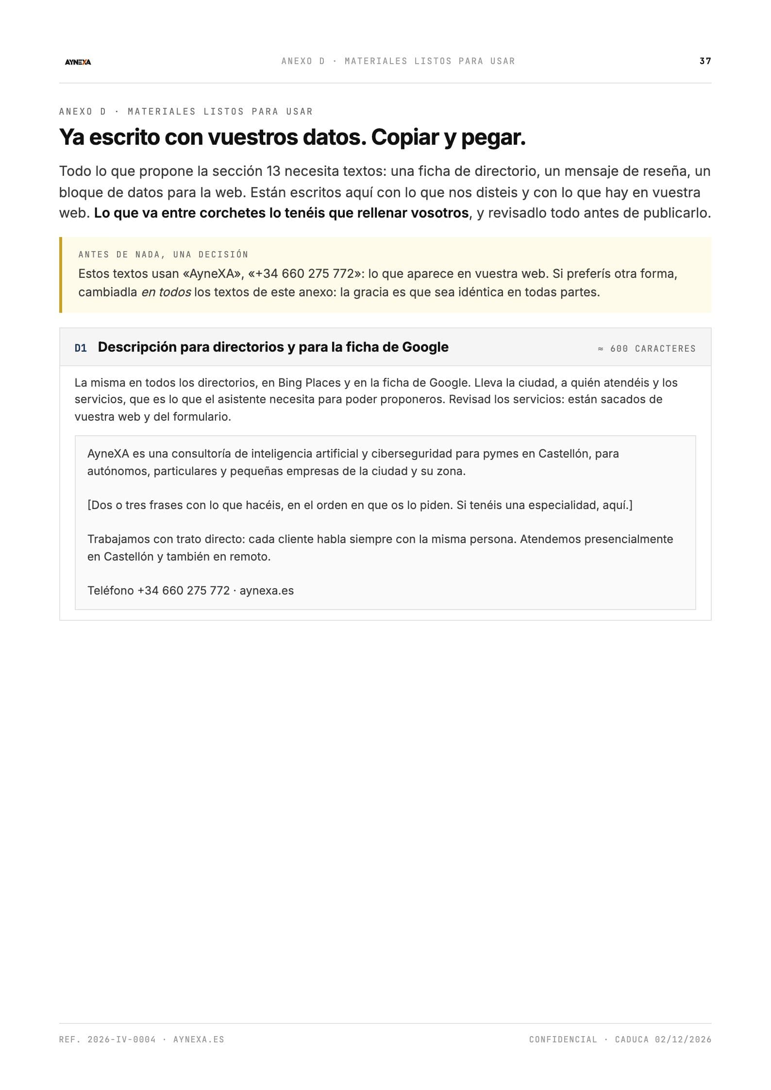 Página del informe: Textos listos para copiar